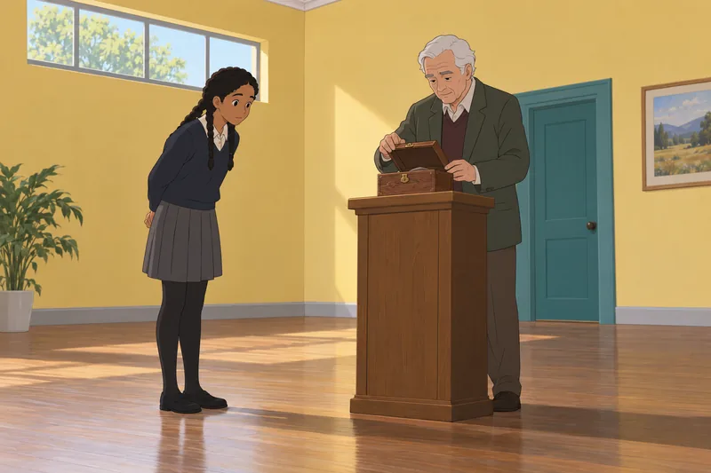 Giver Quiz scene in a community hall.