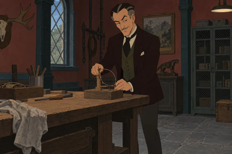 Most Dangerous Game: Zaroff inspects a wooden trap.