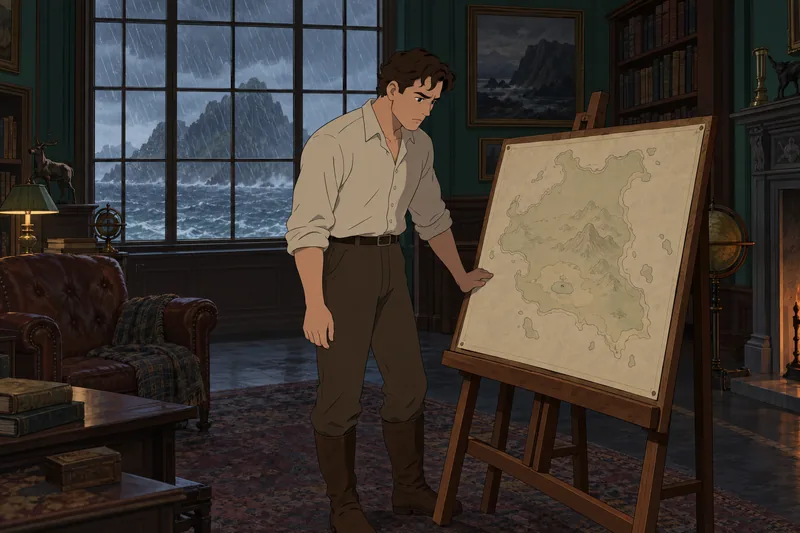Most Dangerous Game: Rainsford studies the island map.