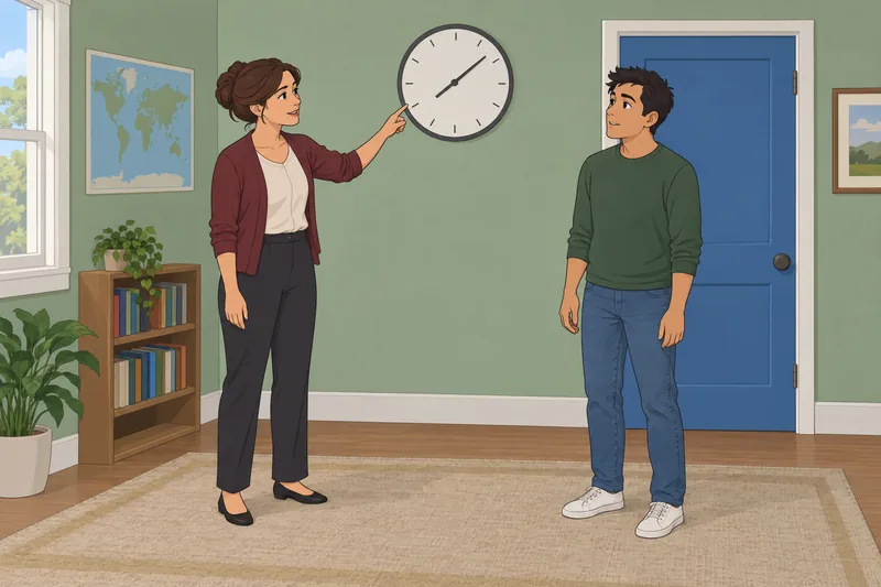 Time Management and: teacher checks a clock.