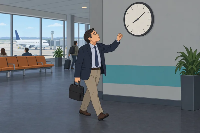 Time Zone Quiz: traveler checks a wall clock.