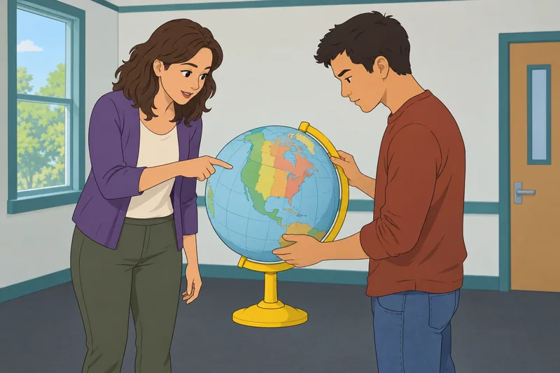 Time Zone Quiz: learner studies a globe.
