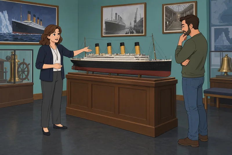 A museum guide introduces the Titanic Quiz.