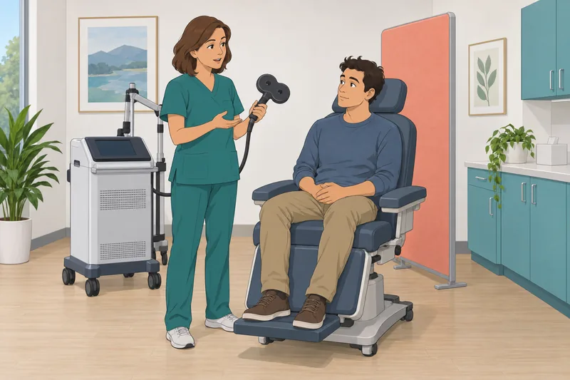 TMS Treatment Quiz: clinician explains the treatment coil.