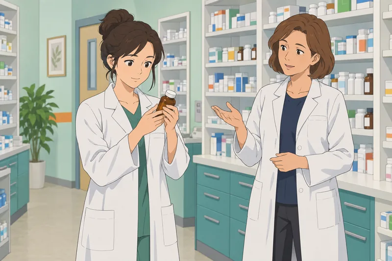 Ilustración del cuestionario sobre los medicamentos en farmacia.