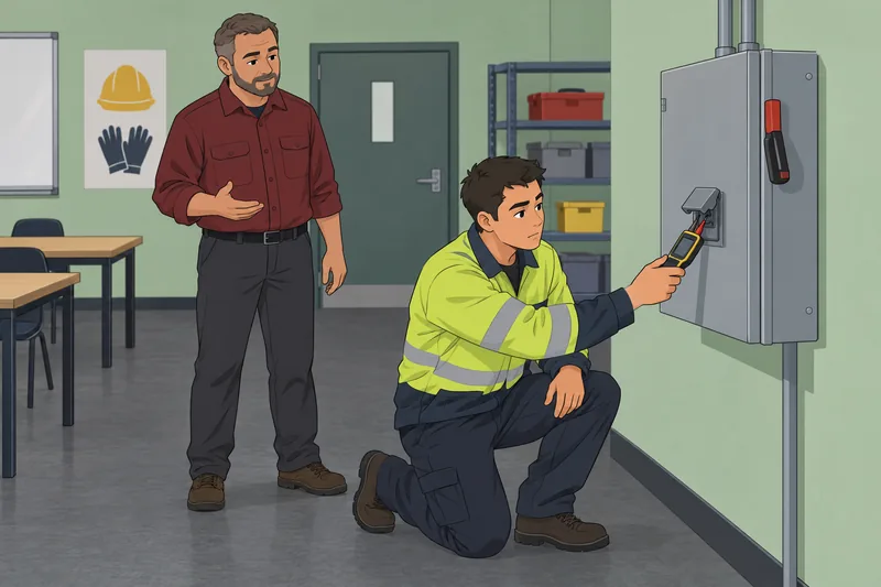 Trade Terms Quiz: electrician checks a voltage tester.