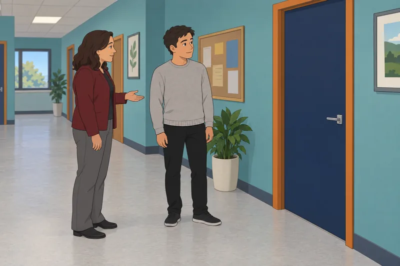 Trauma Response Quiz near a closed hallway door.