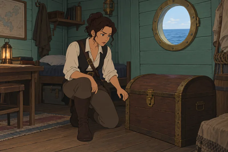 Treasure Island Quiz: navigator examines a treasure chest.