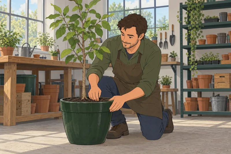 Tree Quiz: a gardener studies a young tree.