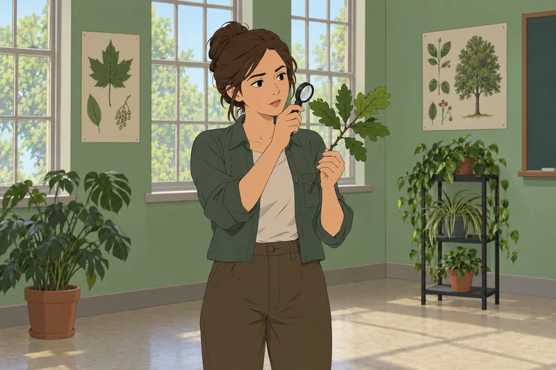 Tree Quiz: a student examines a leaf.