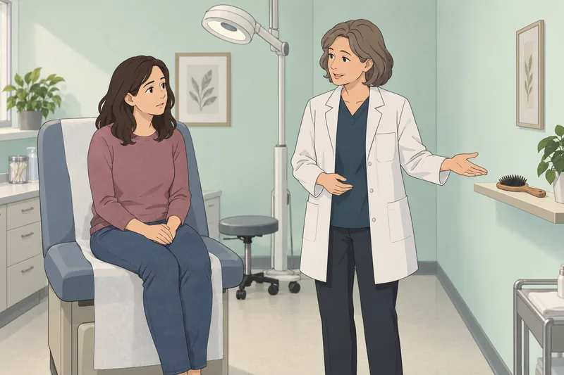Trichotillomania Quiz shows a supportive clinic conversation.