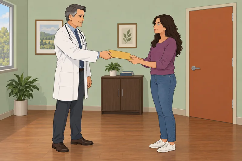 Trust in Physician: physician offers a folder.