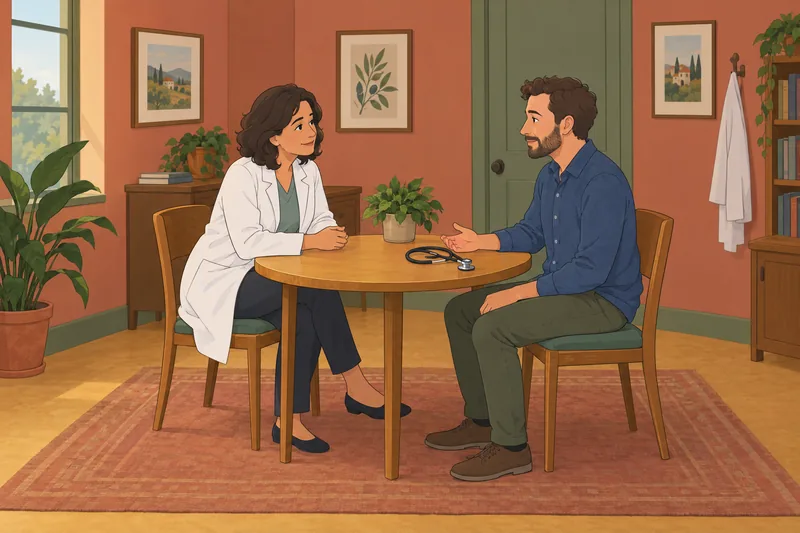 Trust in Physician: doctor listens at table.