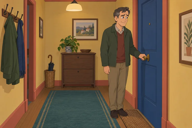 Type A B hesitates beside a closed door.