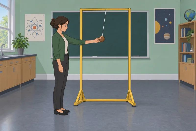 Types of Energy: teacher watches a swinging pendulum.