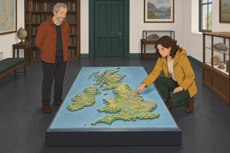 UK Geography Quiz examines a relief model.