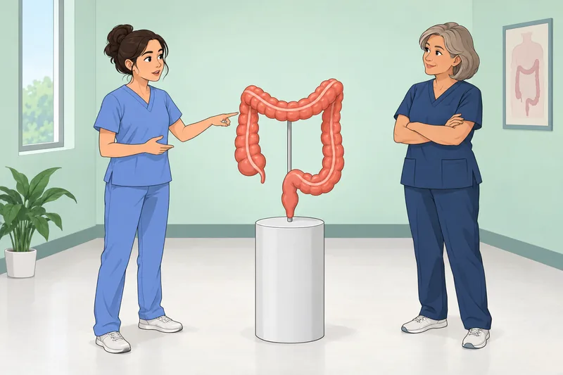 Ulcerative Colitis Quiz shows a nurse reviewing anatomy.
