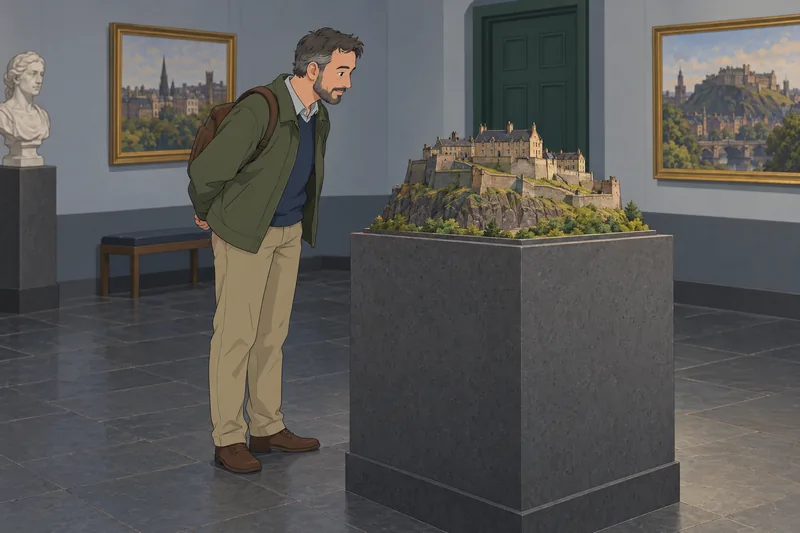 United Kingdom Quiz: visitor studies a castle model.