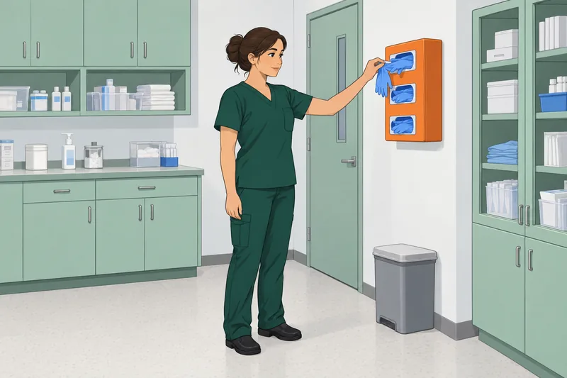 Universal Precautions Quiz shows a clinic dispenser.