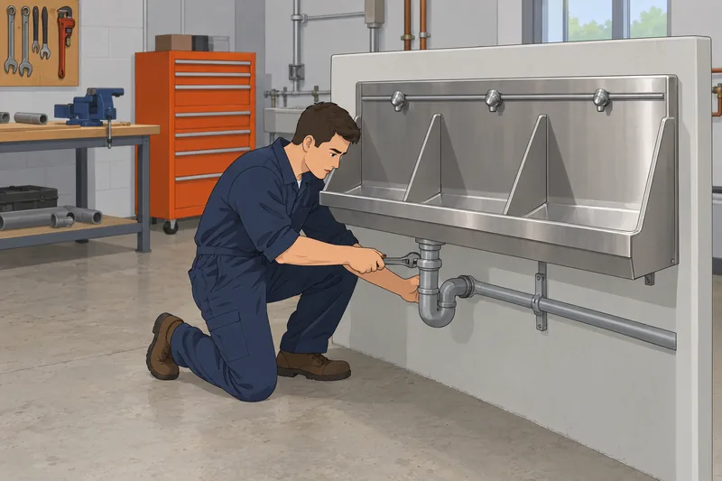 Urinal Quiz shows a trainee checking a trough.