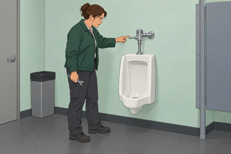 Urinal Quiz shows an inspector checking a flushometer.