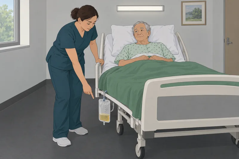 Urinary Elimination Nursing checks a catheter drainage bag.