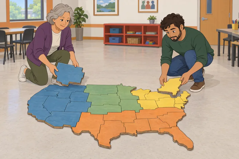 US Regions Quiz shows learners sorting region pieces.