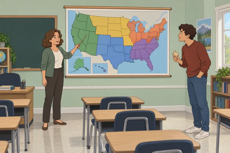 US Regions Quiz shows a teacher tracing regions.