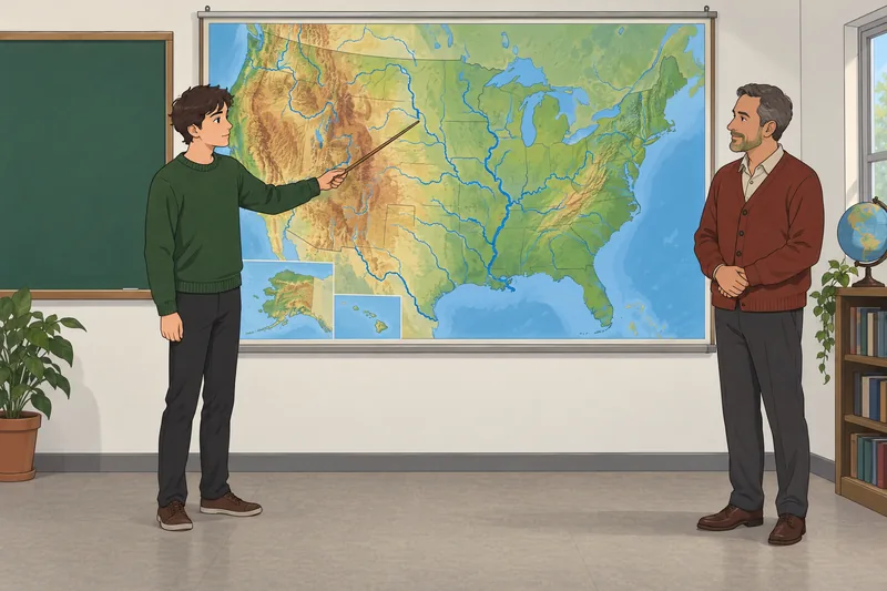 US Rivers Quiz shows a student tracing waterways.