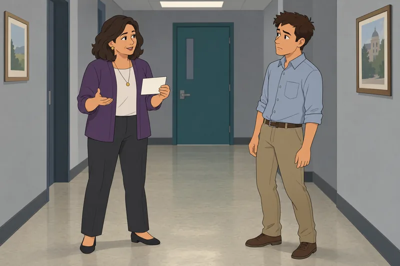 Emotion Use Test depicts calm persuasion in a hallway.