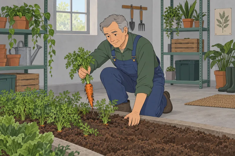 Vegetable Quiz shows a gardener lifting a carrot.