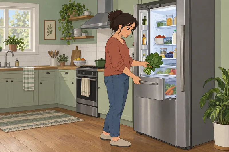 Vegetable Quiz shows a cook storing spinach.