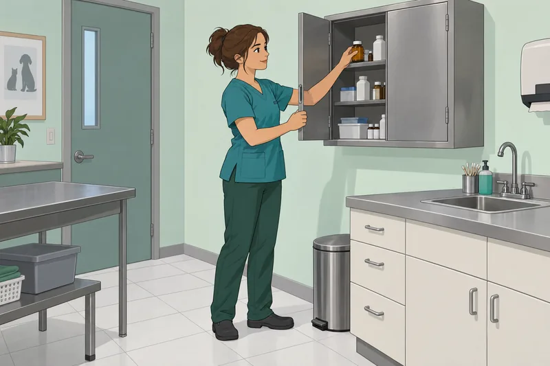 Vet Assistant Quiz shows safe medication storage.