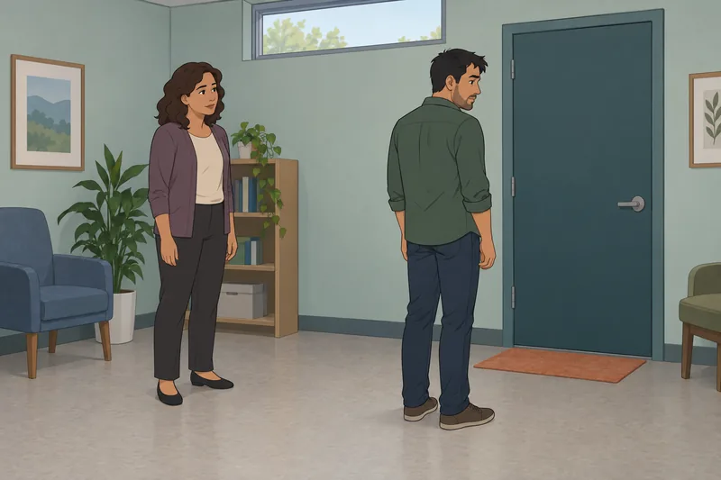 Victim Identity Test shows a calm clinic conversation.