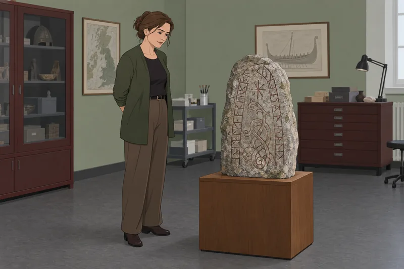 Vikings Quiz shows a curator studying stone.