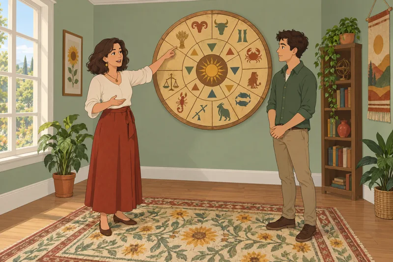 Virgo Quiz starts beside a painted zodiac wheel.