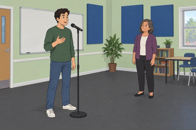 Voice Handicap Index appears during classroom speaking practice.