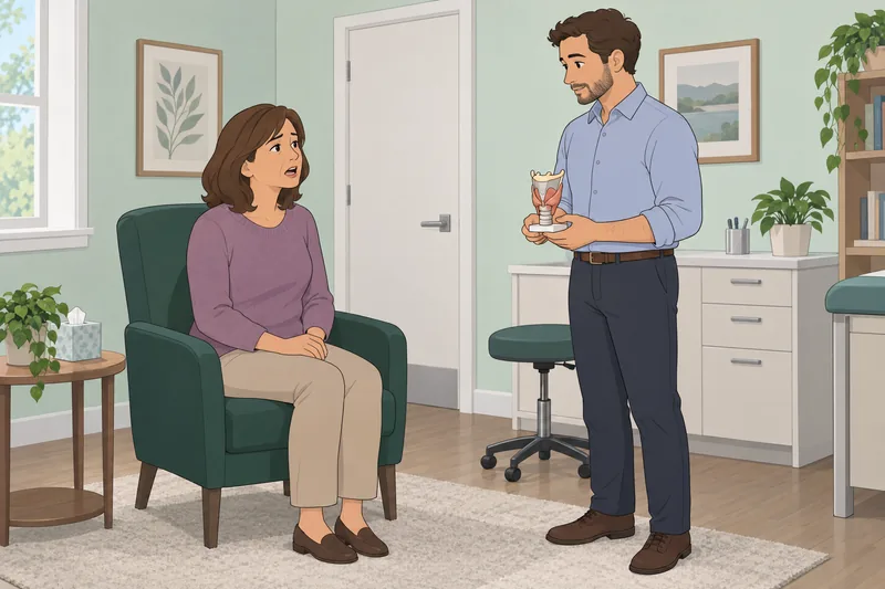 Voice Handicap Index frames a quiet clinic conversation.
