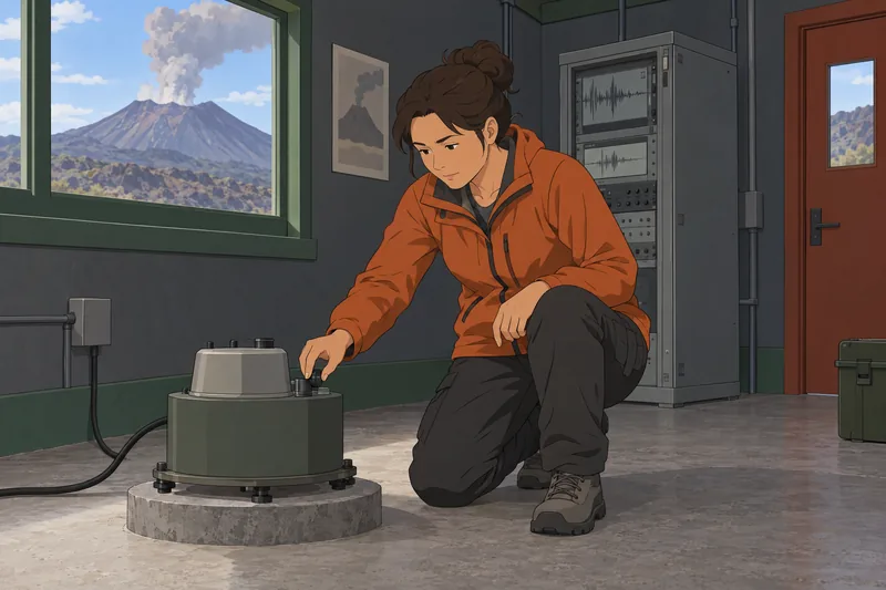 Volcano Quiz shows a volcanologist checking equipment.