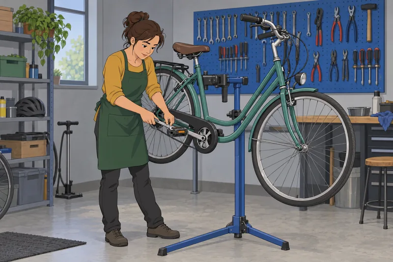 Volunteer Quiz: volunteer repairs a bicycle.