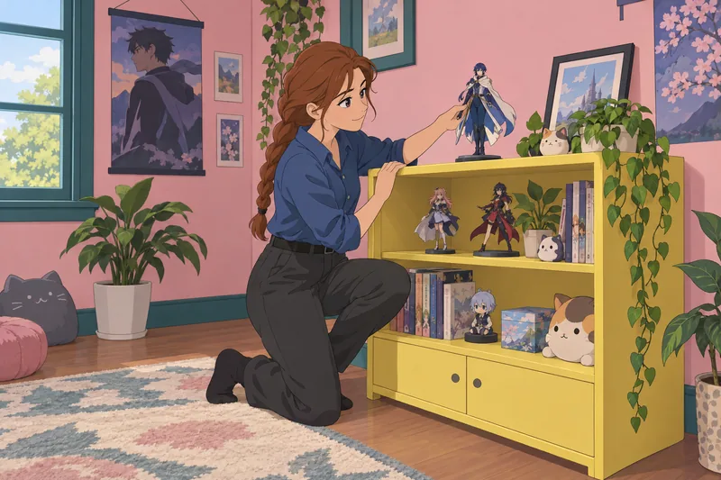 Waifu Quiz collector places a character figurine.