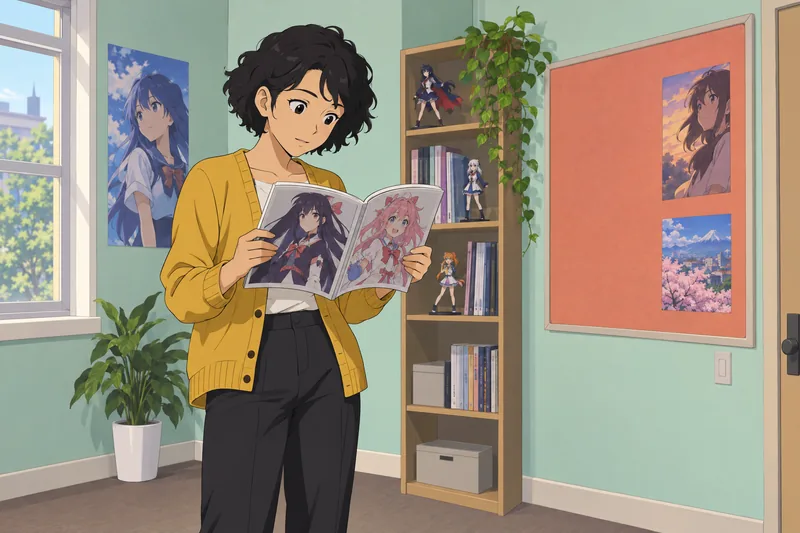 Waifu Quiz learner studies an anime guidebook.