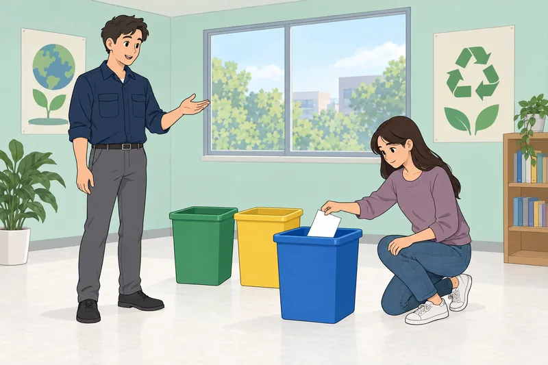 Waste Management Quiz shows a learner sorting paper.