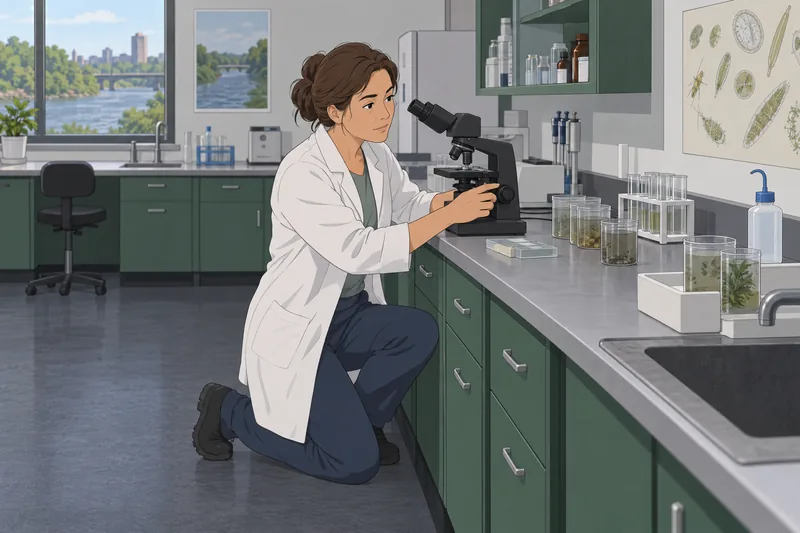Water Pollution Quiz beside a laboratory microscope.