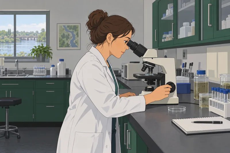 cuestionario sobre la contaminación junto a un microscopio.
