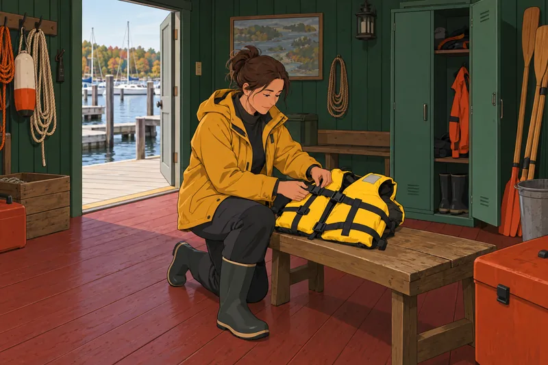 Water Safety Quiz: instructor checks a life jacket.