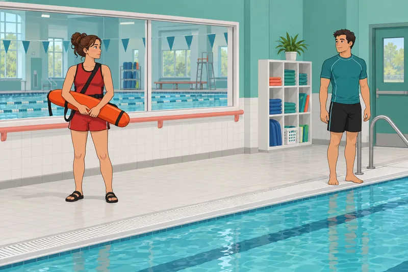 Water Safety Quiz: lifeguard observes safe pool supervision.