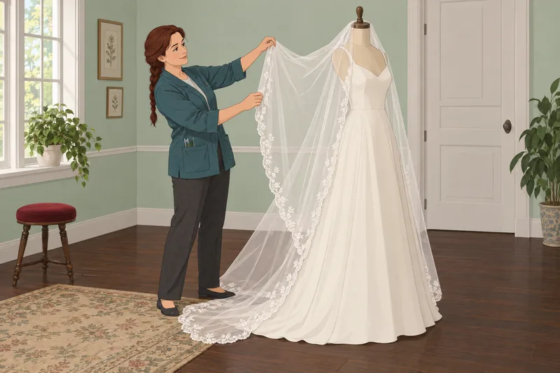 Quiz sobre vestidos muestra una estilista ajustando encaje.