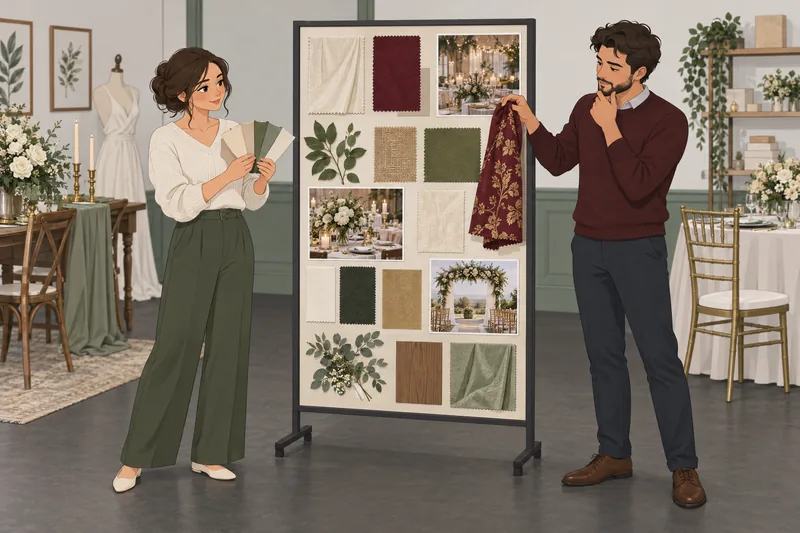 Wedding Style Quiz shows a couple comparing fabrics.