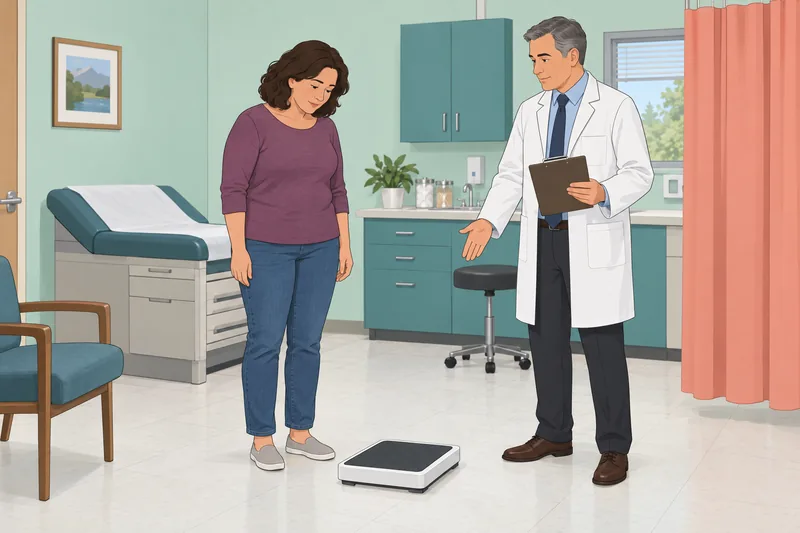 Weight Gain Quiz: Patient checks a floor scale.